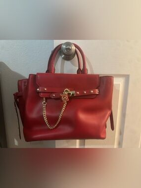 Michael Kors Red Leather Satchel with Gold Chain and Stud Accents